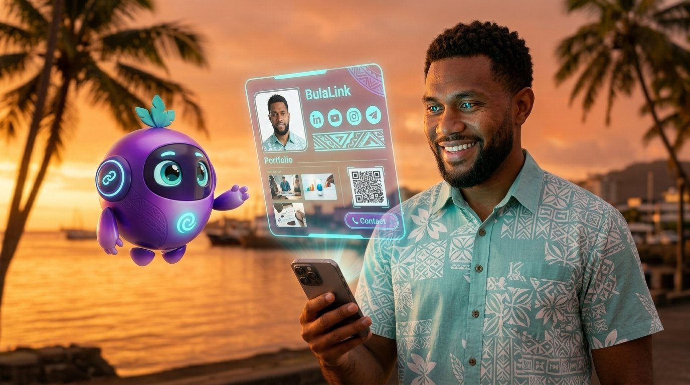 BulaLink holographic profile beside Linki at a Fiji waterfront